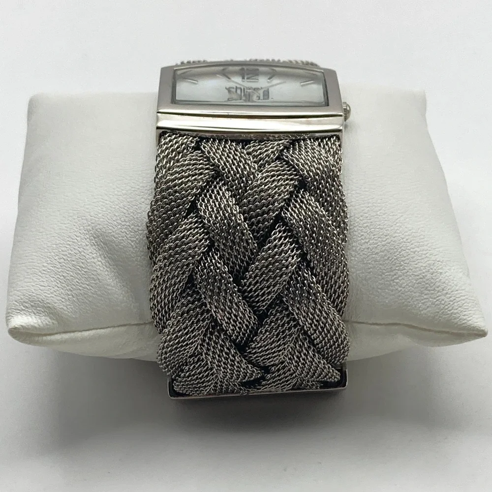 Chico's Women's Watch 32mm Wide Silver Tone MOP Braided Mesh New Battery 7.5